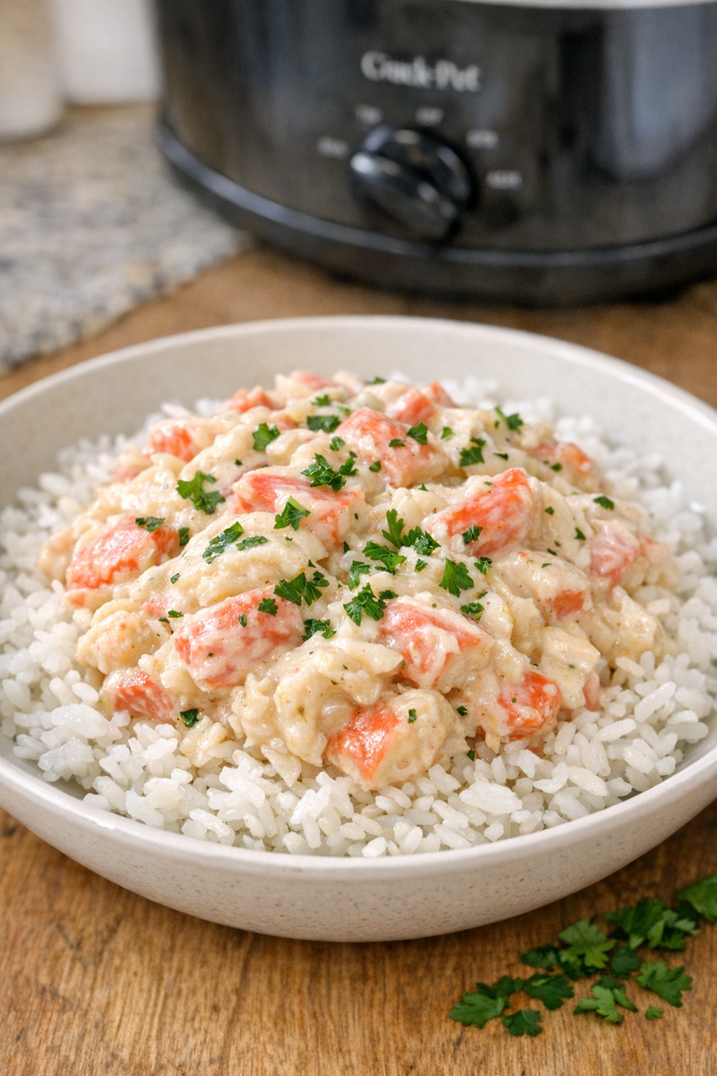 Creamy imitation crab flakes served over rice
