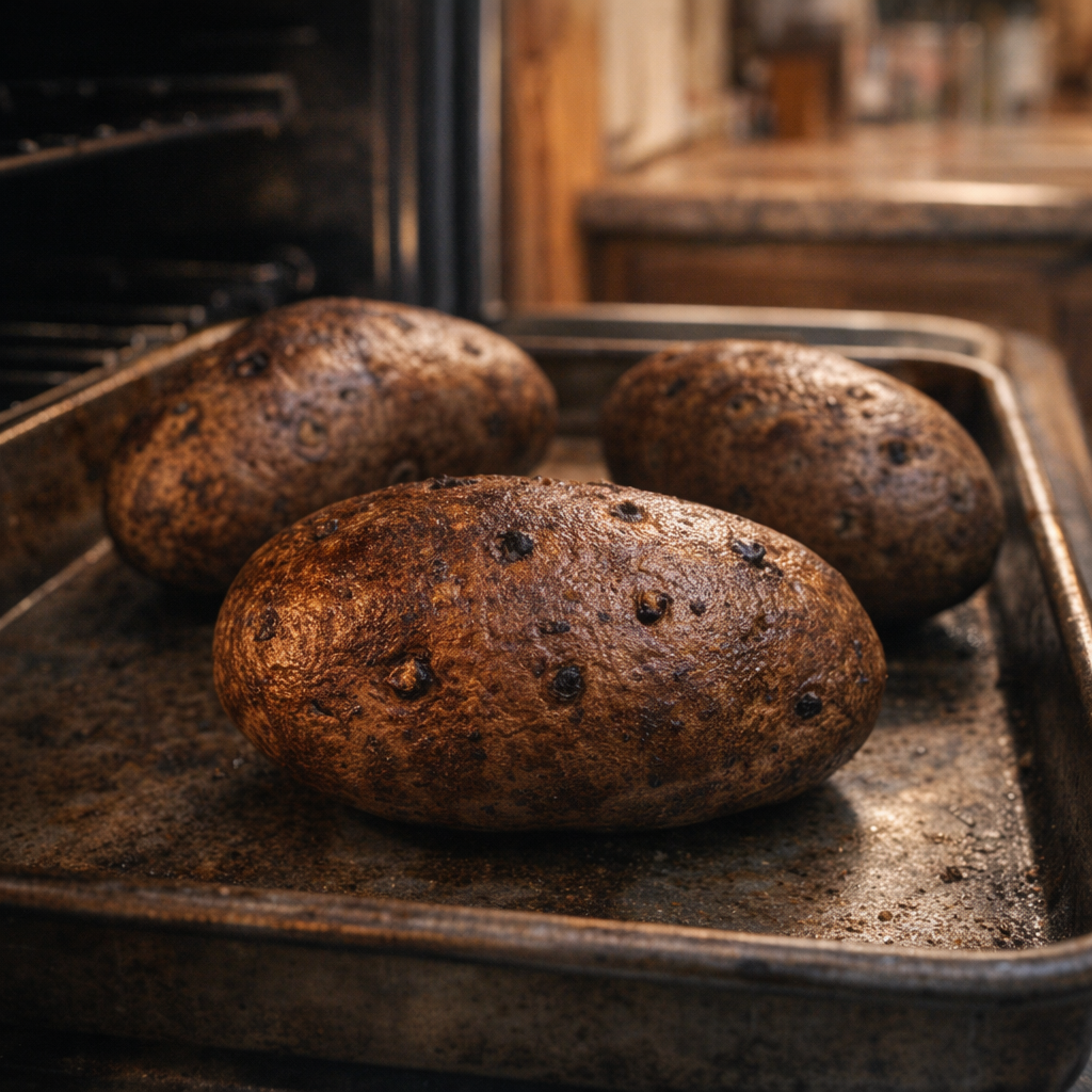 Baked potatoes on a tray in a home oven setting