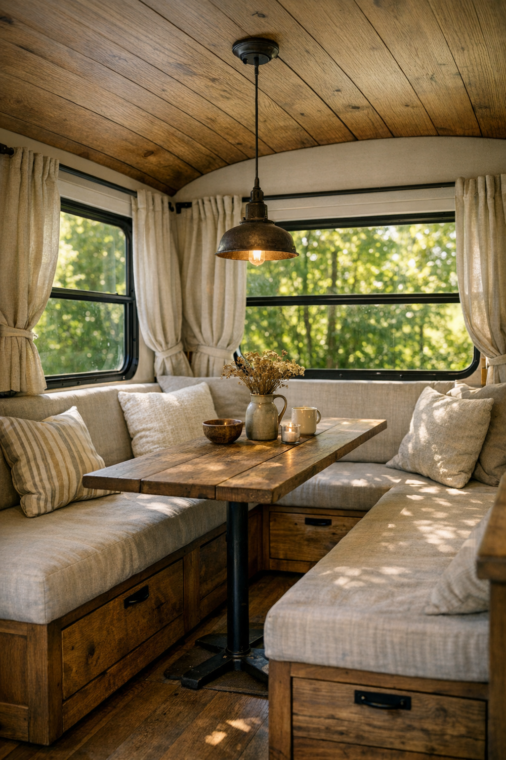 Compact bus dining nook with banquette seating and rustic wood table