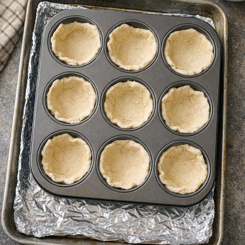 Muffin pan lined with crescent dough pieces