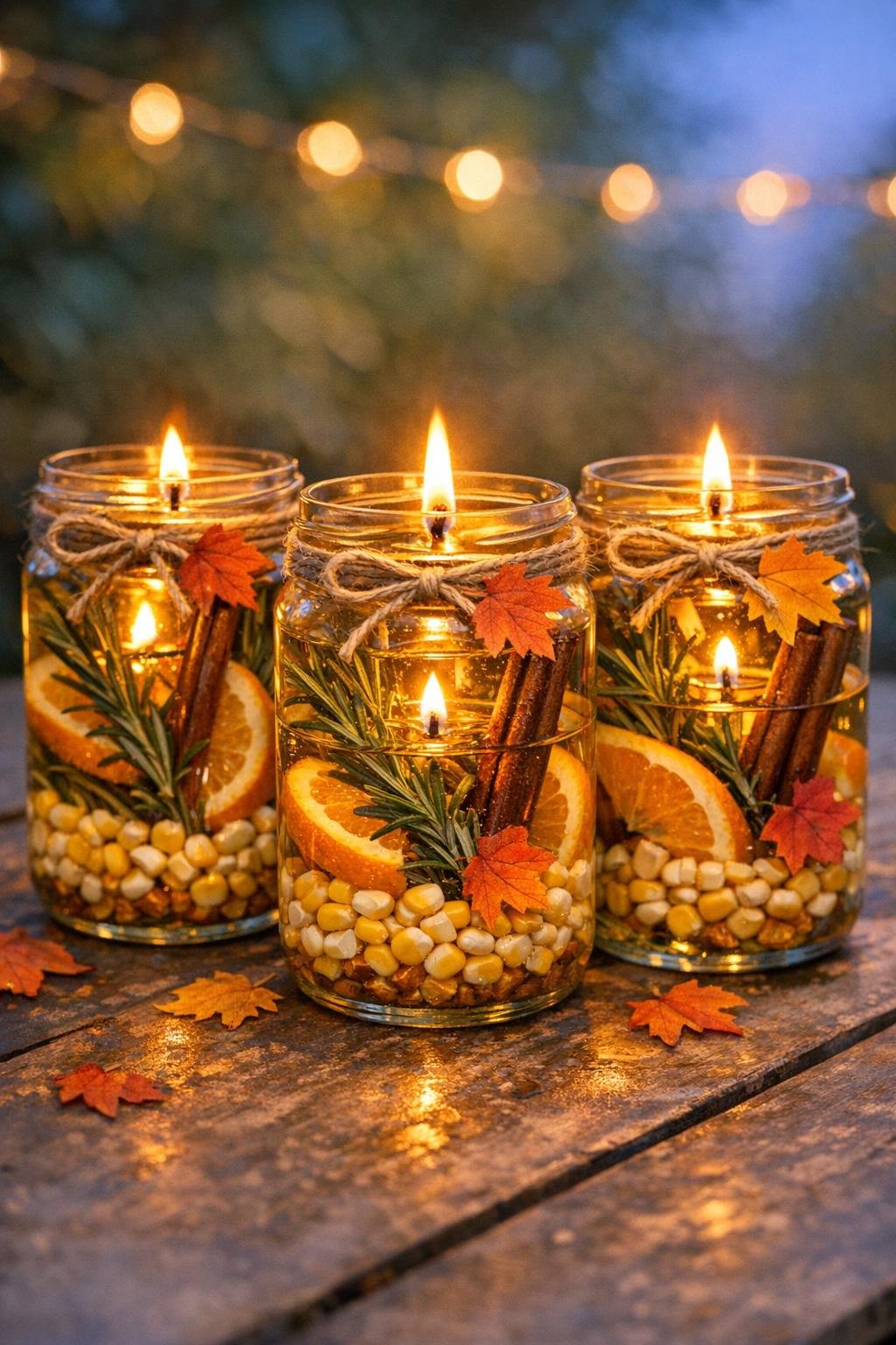 Finished autumn bug repellent luminaries made from old jam jars on a patio