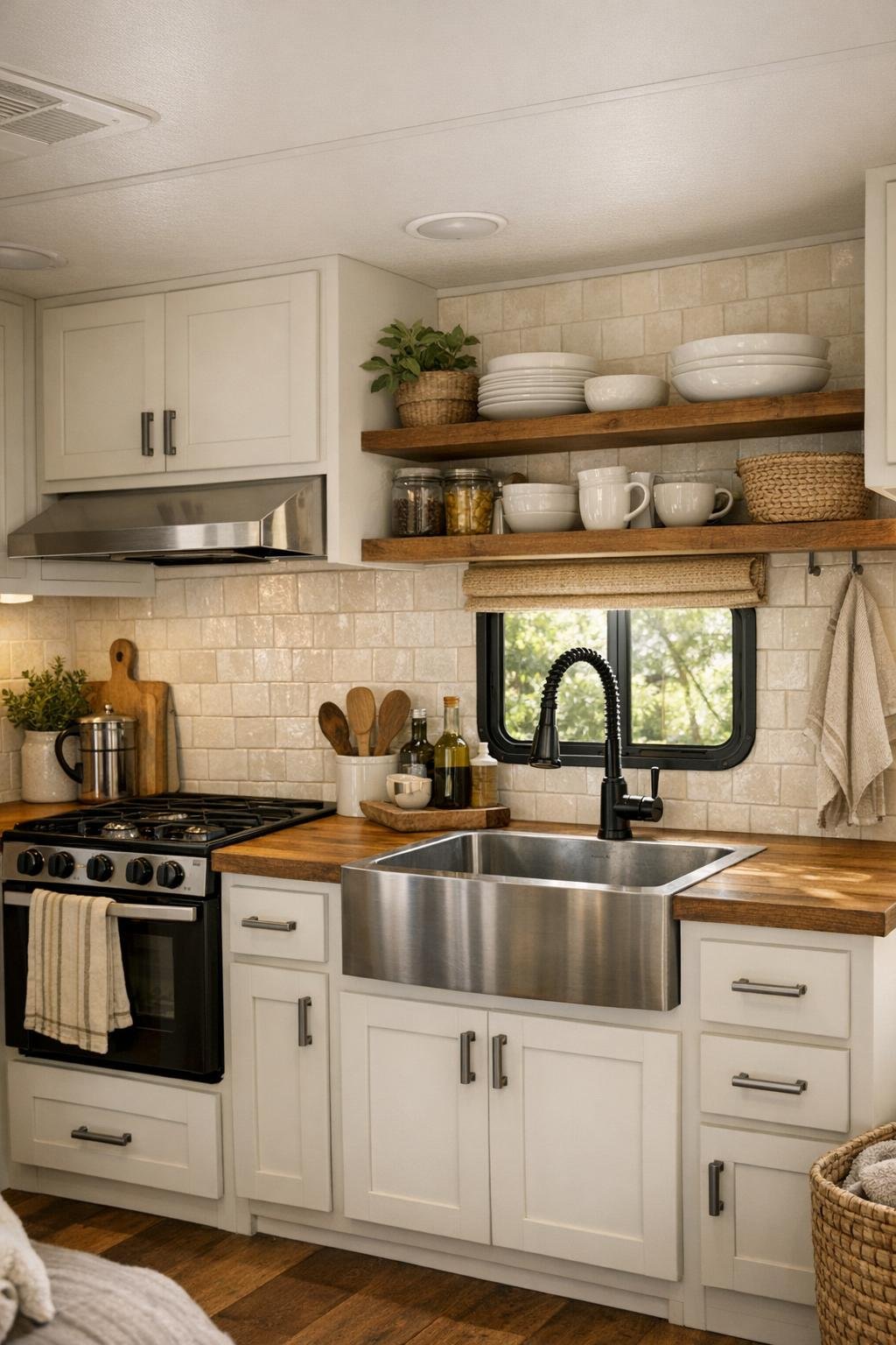 Compact camper kitchen with warm white cabinets, wood countertops, and a small range