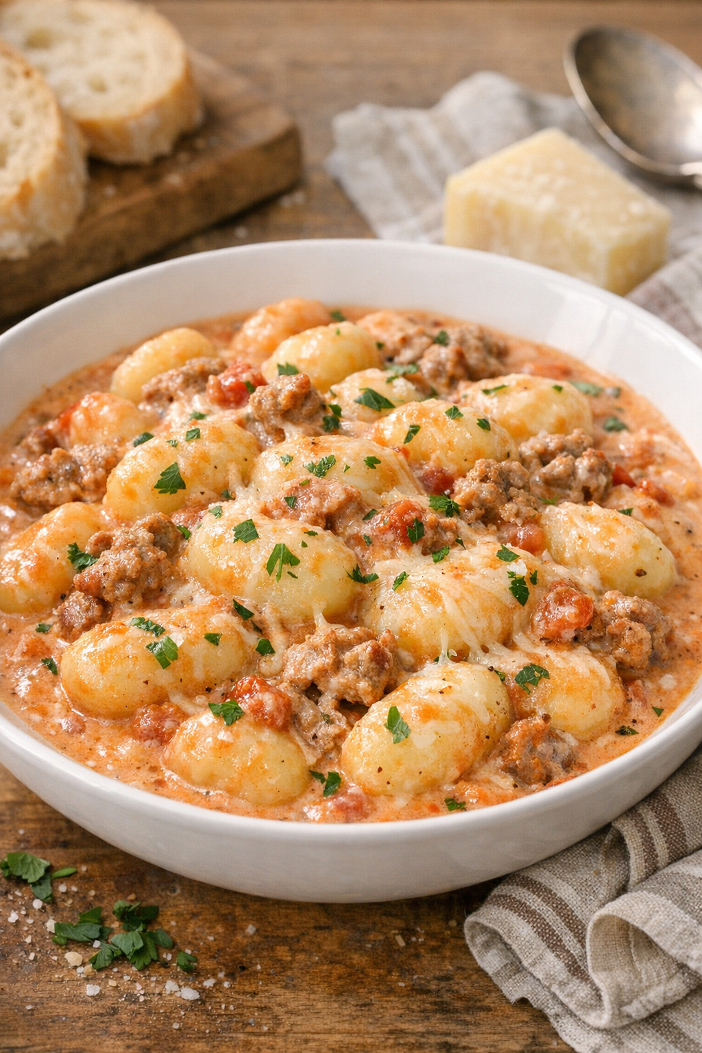 Creamy slow cooker gnocchi plated in a bowl