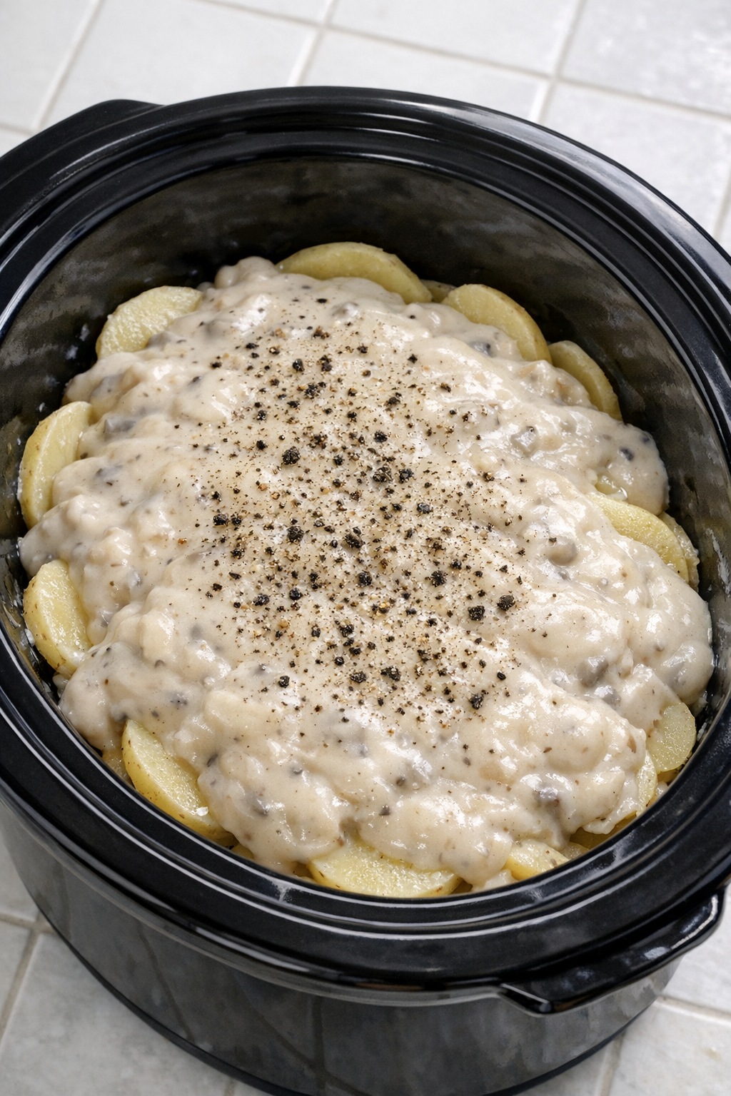 Cream of mushroom soup spread over potatoes in the slow cooker