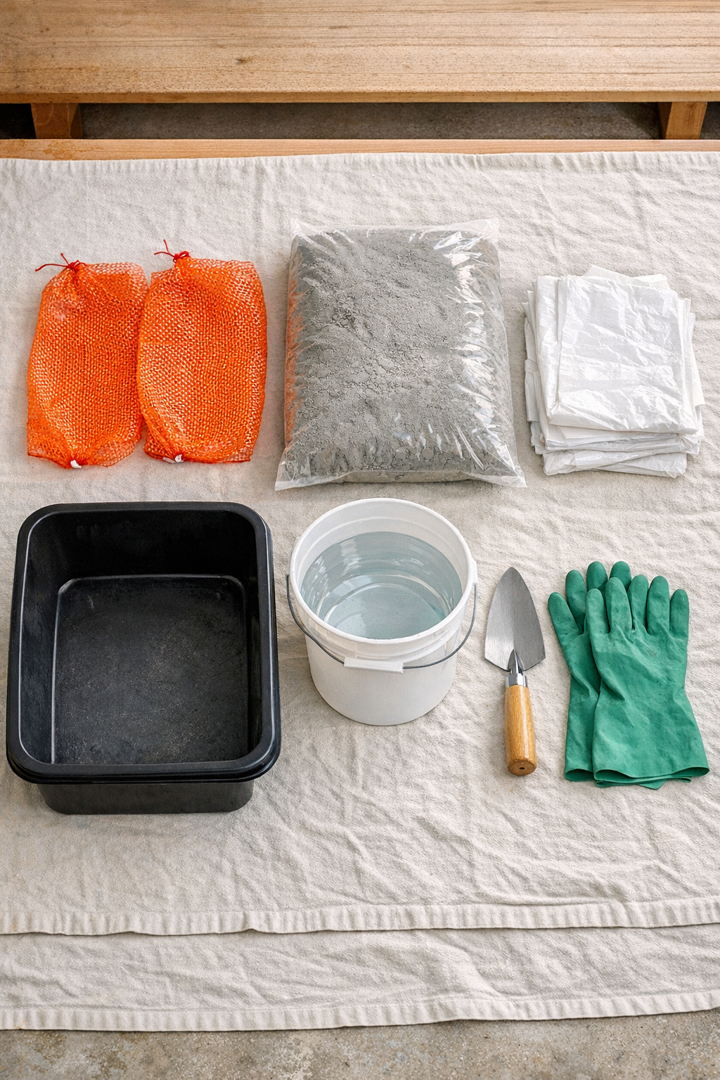 Materials for making textured cement garden boulders laid out on a work surface