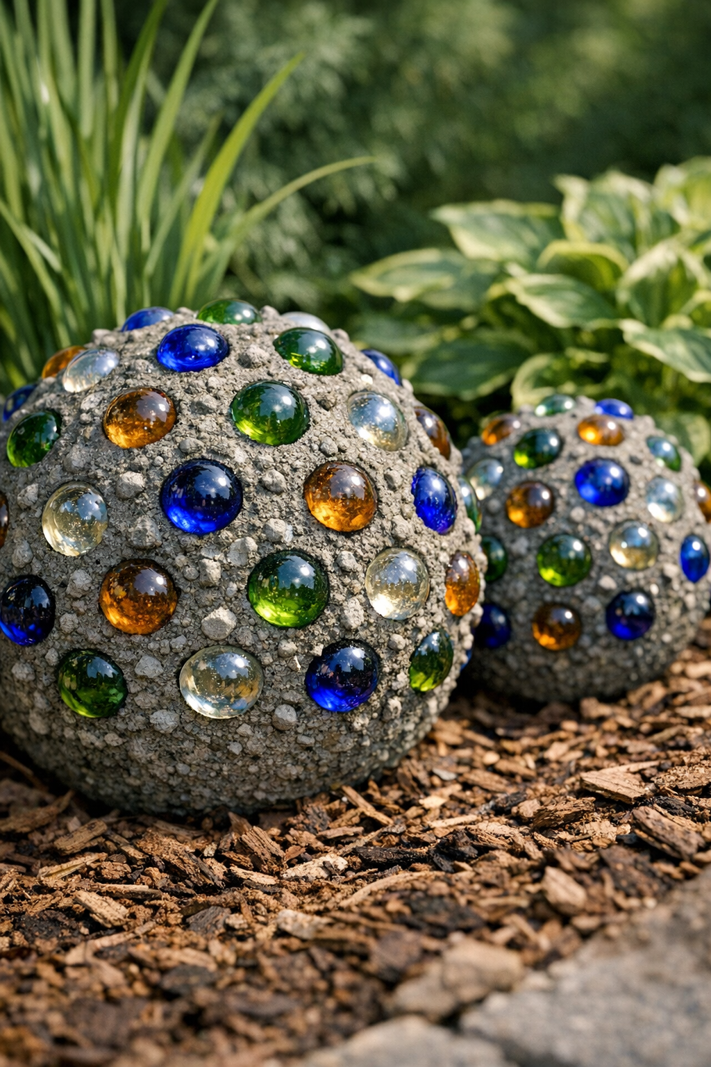 Finished heavy studded cement yard globes in a garden bed