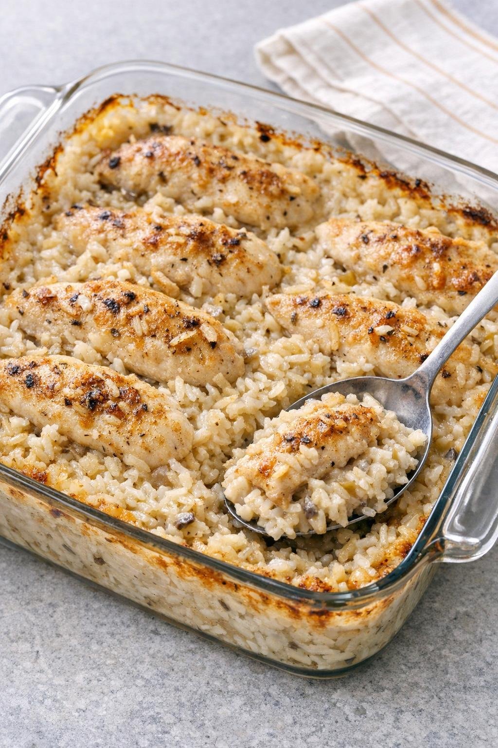 Finished baked chicken and creamy rice in a glass casserole dish