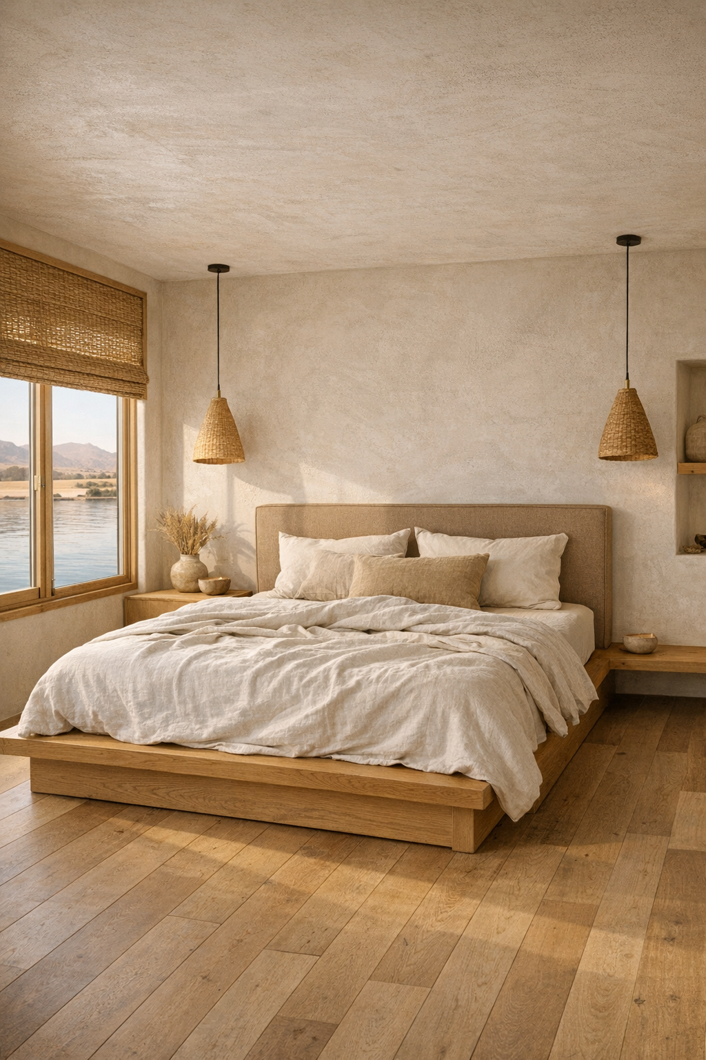 Calm bedroom with oak platform bed, linen bedding, and soft desert-inspired textures