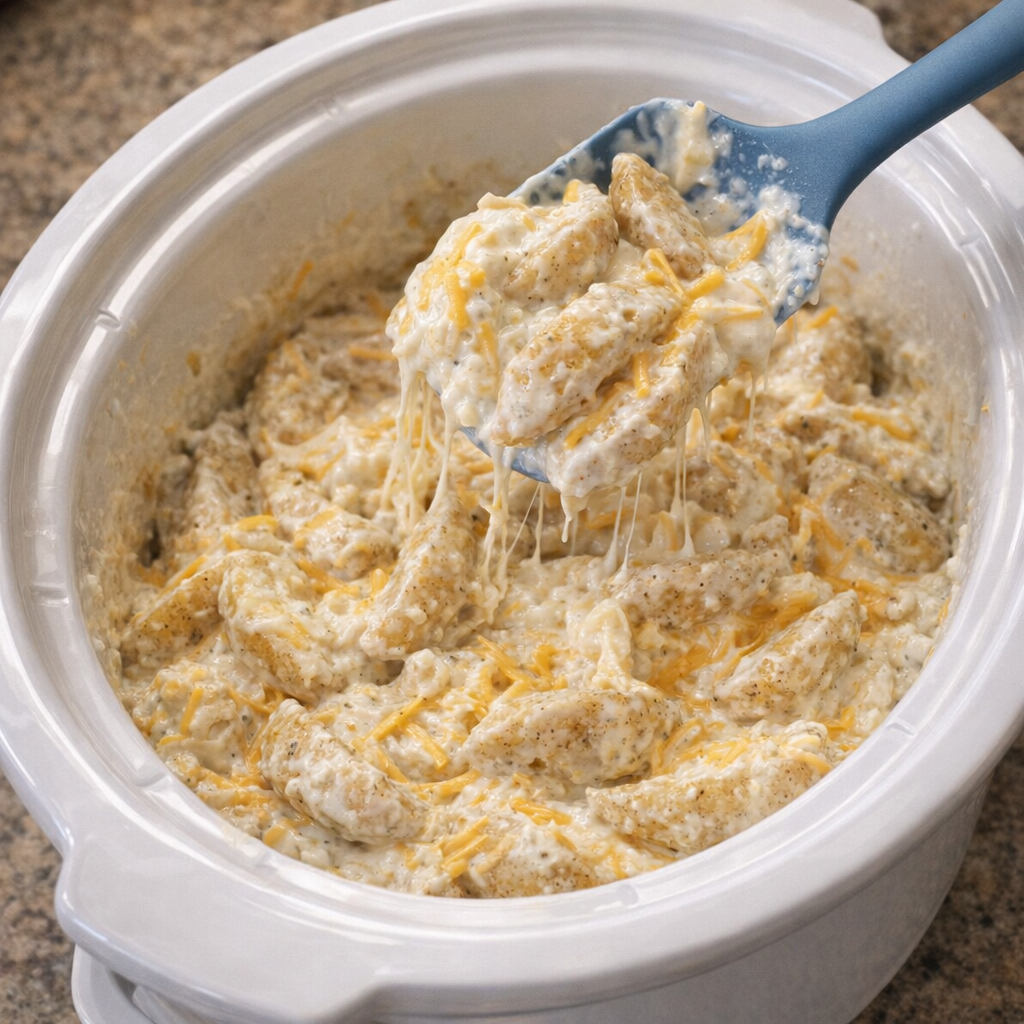 Cheddar folded into coated potato wedges in a slow cooker