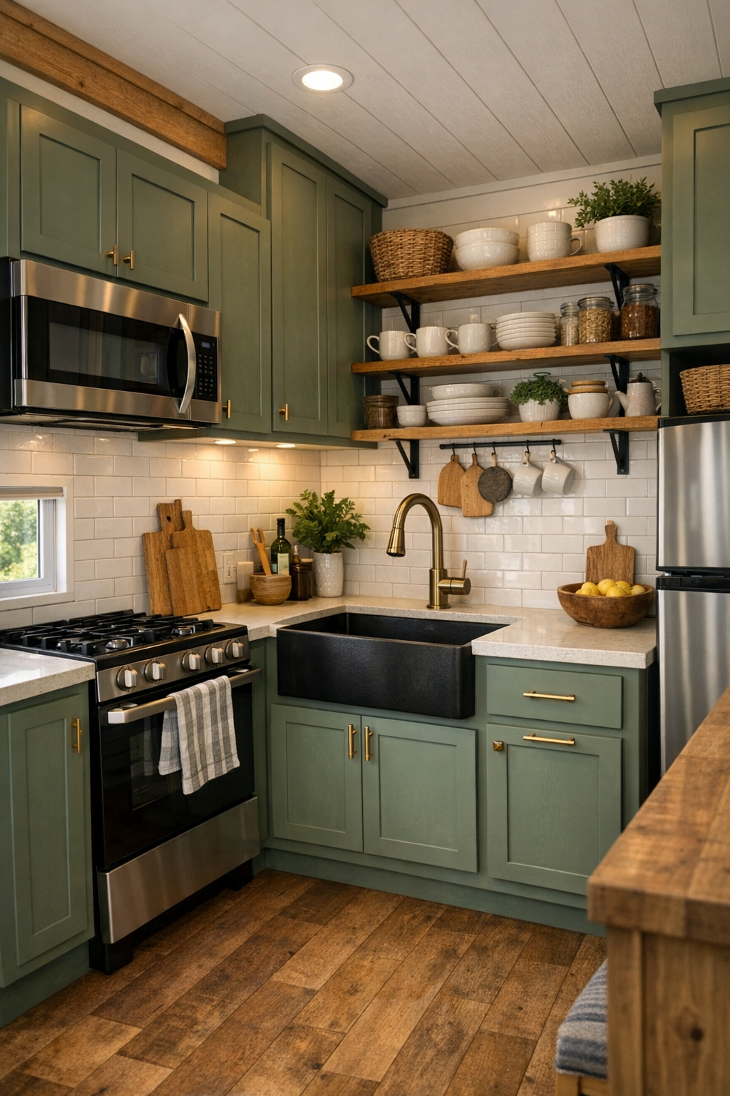 Efficient sage and white kitchen with shaker cabinets, wood counters, and bright tile