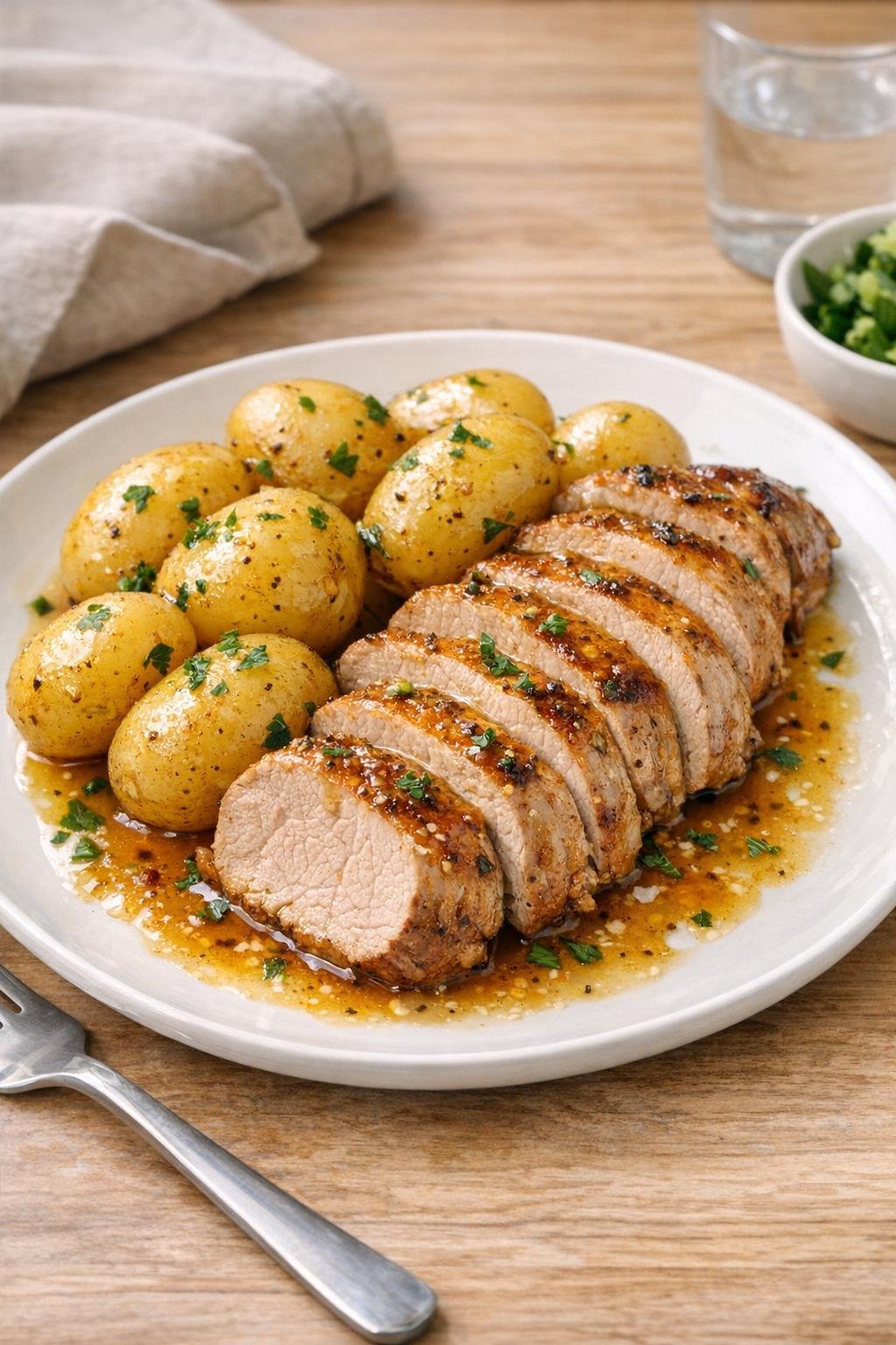 Finished sliced pork tenderloin with baby potatoes