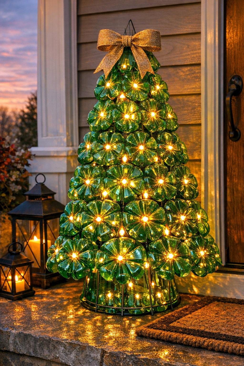 Finished glowing porch tree made from soda bottle bottoms
