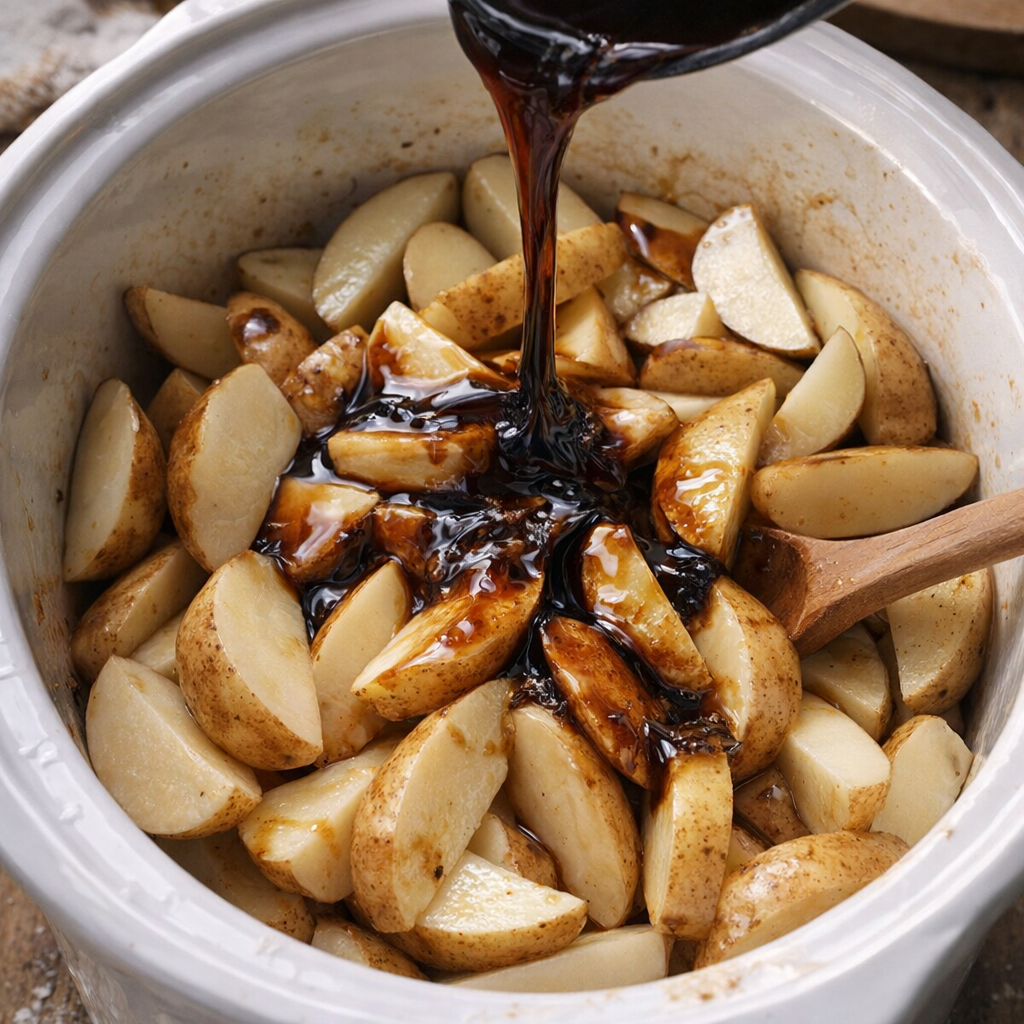 Potato wedges coated with molasses glaze in a slow cooker
