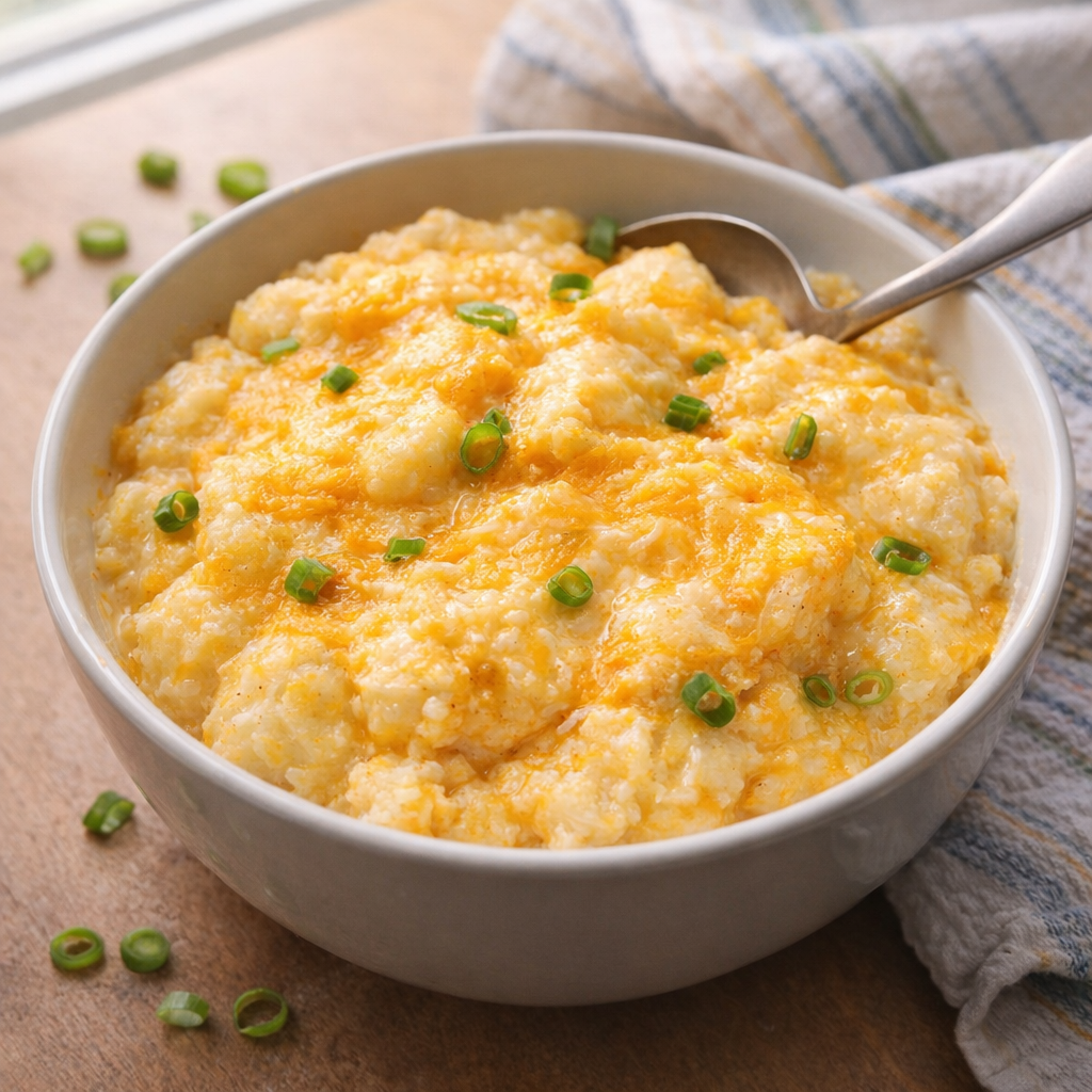 Slow cooker cheesy potatoes served in a casual family-style bowl