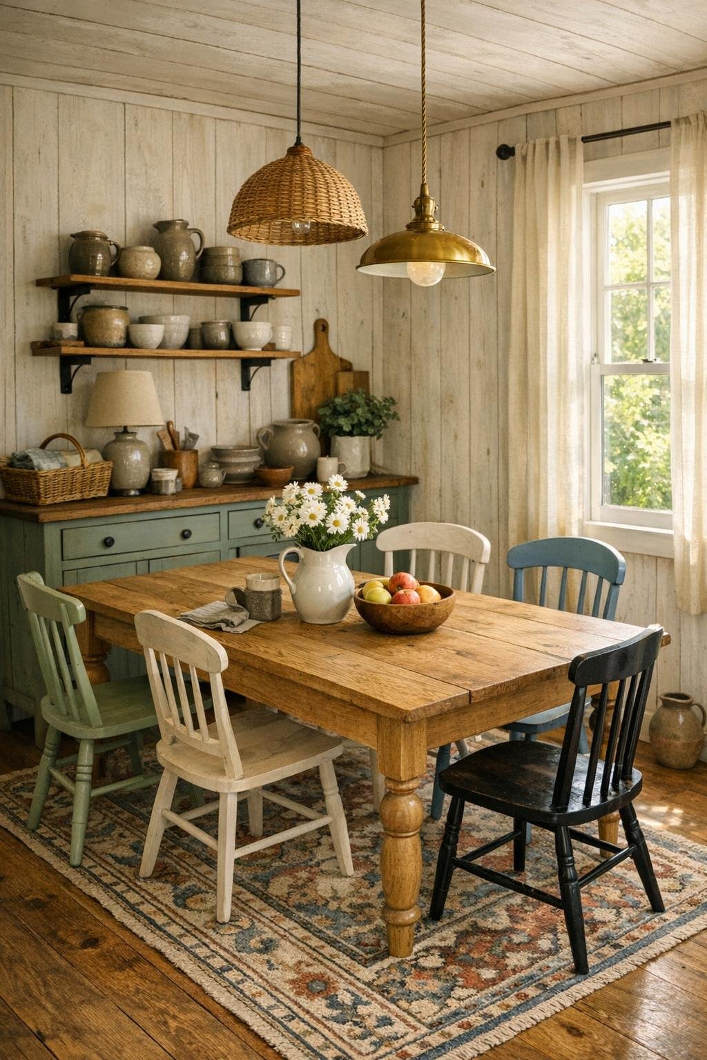 Small cottage dining room with farmhouse table and painted chairs