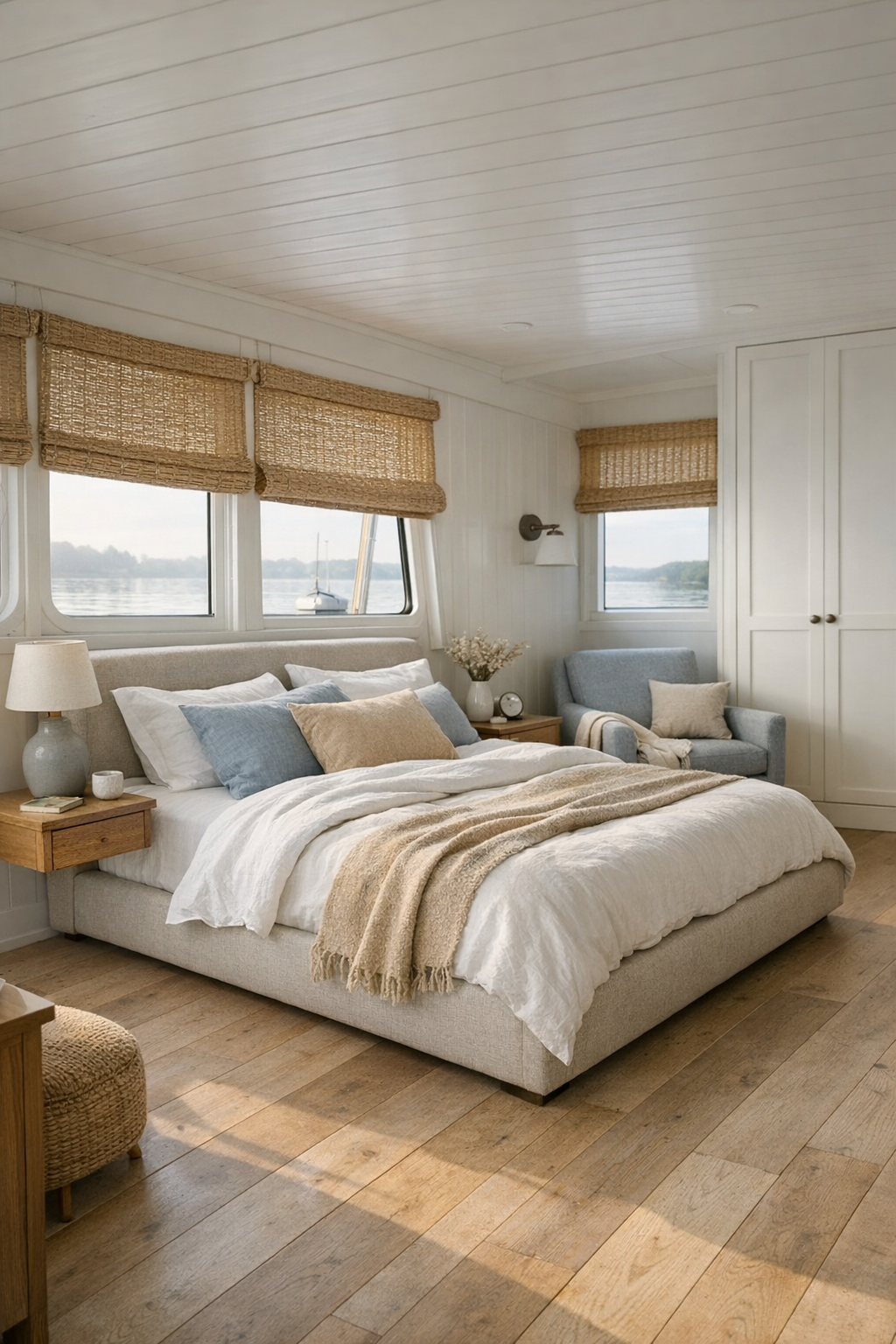 Serene bedroom with linen bed and soft blue-gray accents
