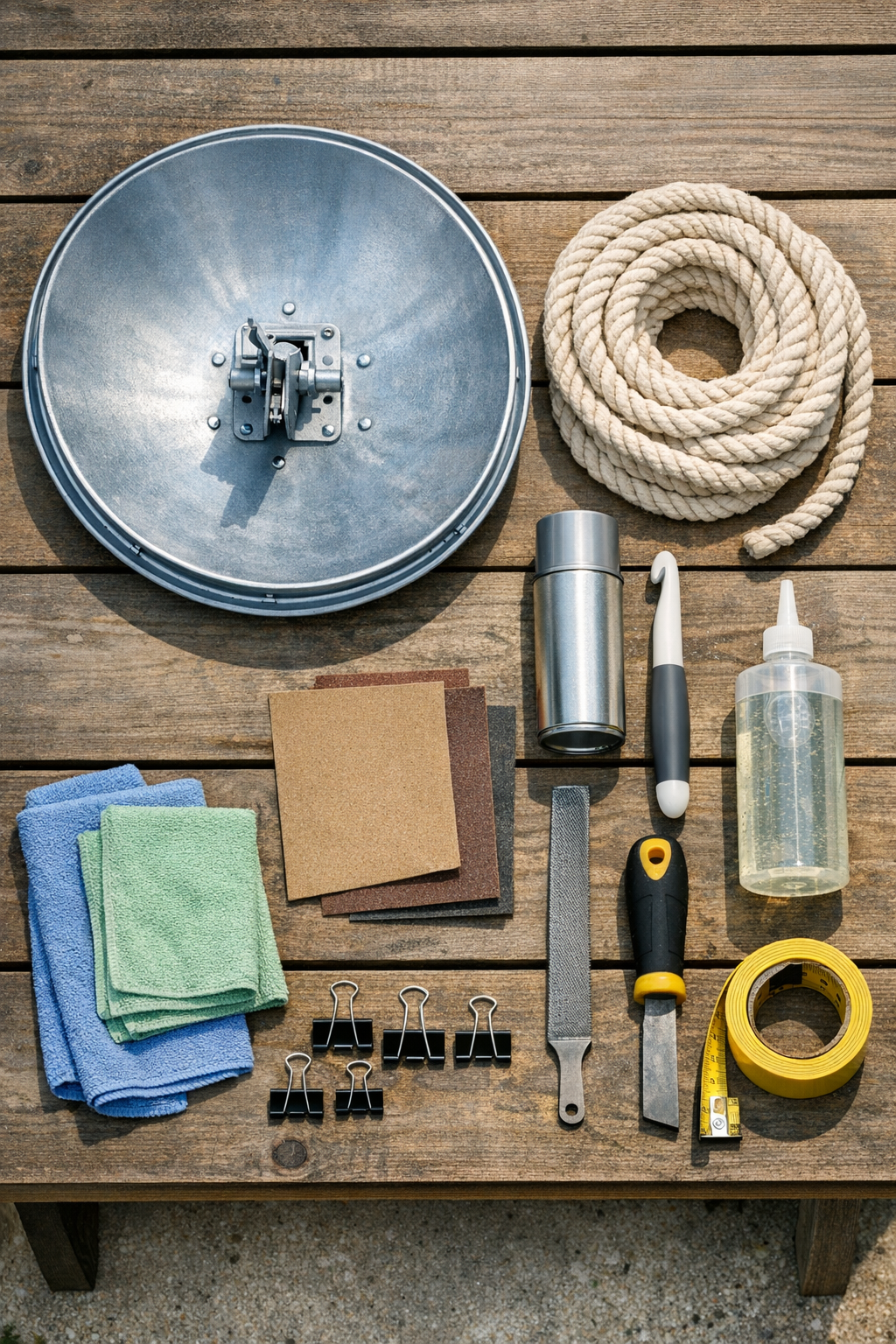 Materials for making a crocheted fire pit cover from a satellite dish