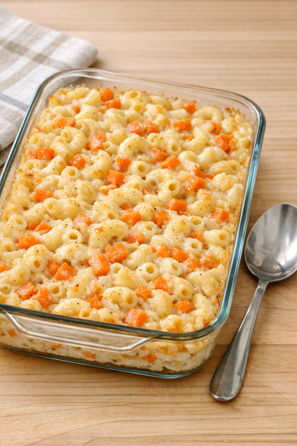 Finished baked Amish carrot macaroni in a glass baking dish