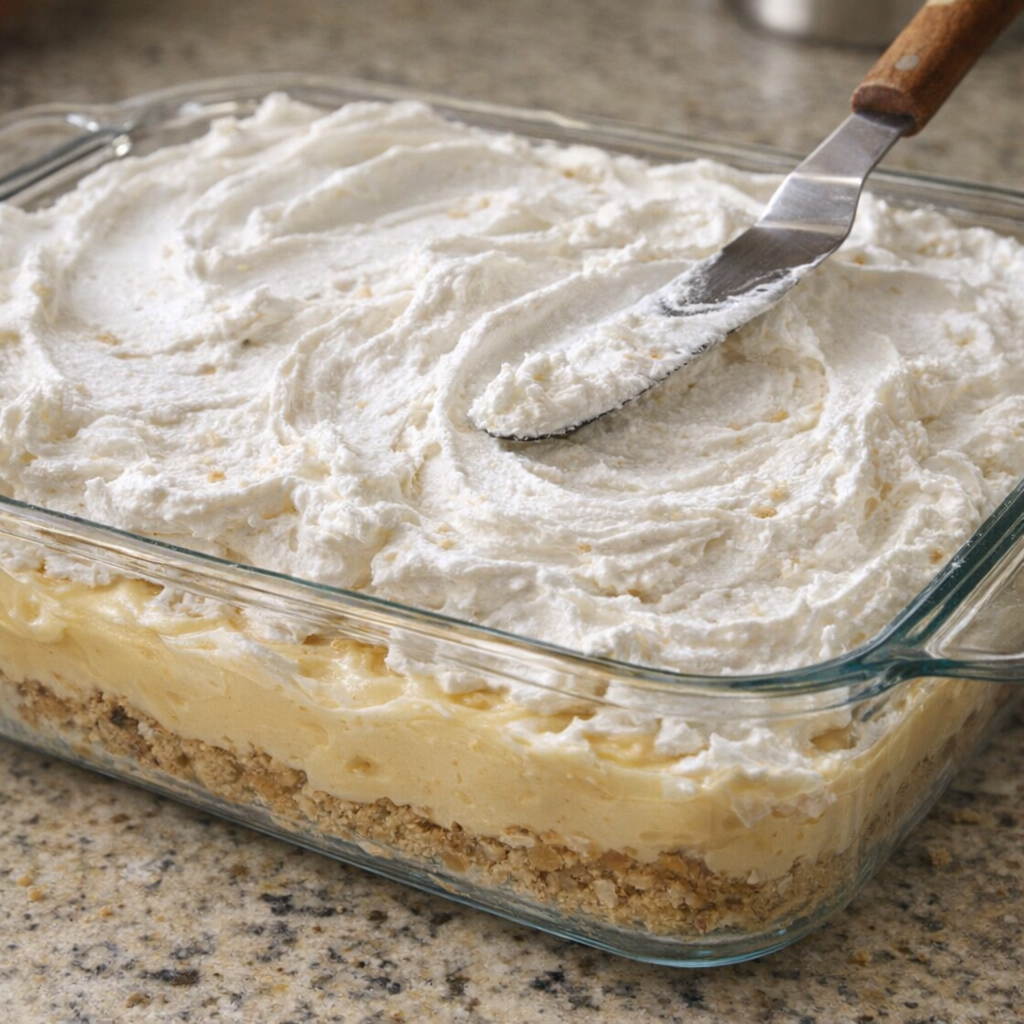 Whipped topping spread over butterscotch lush