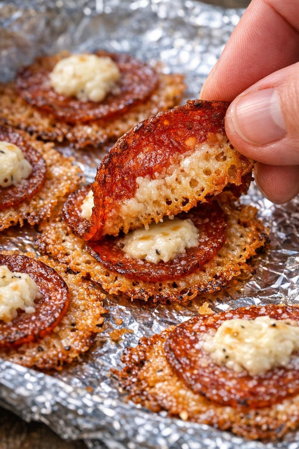 Low carb pepperoni banbridge crisps on an aluminum foil tray
