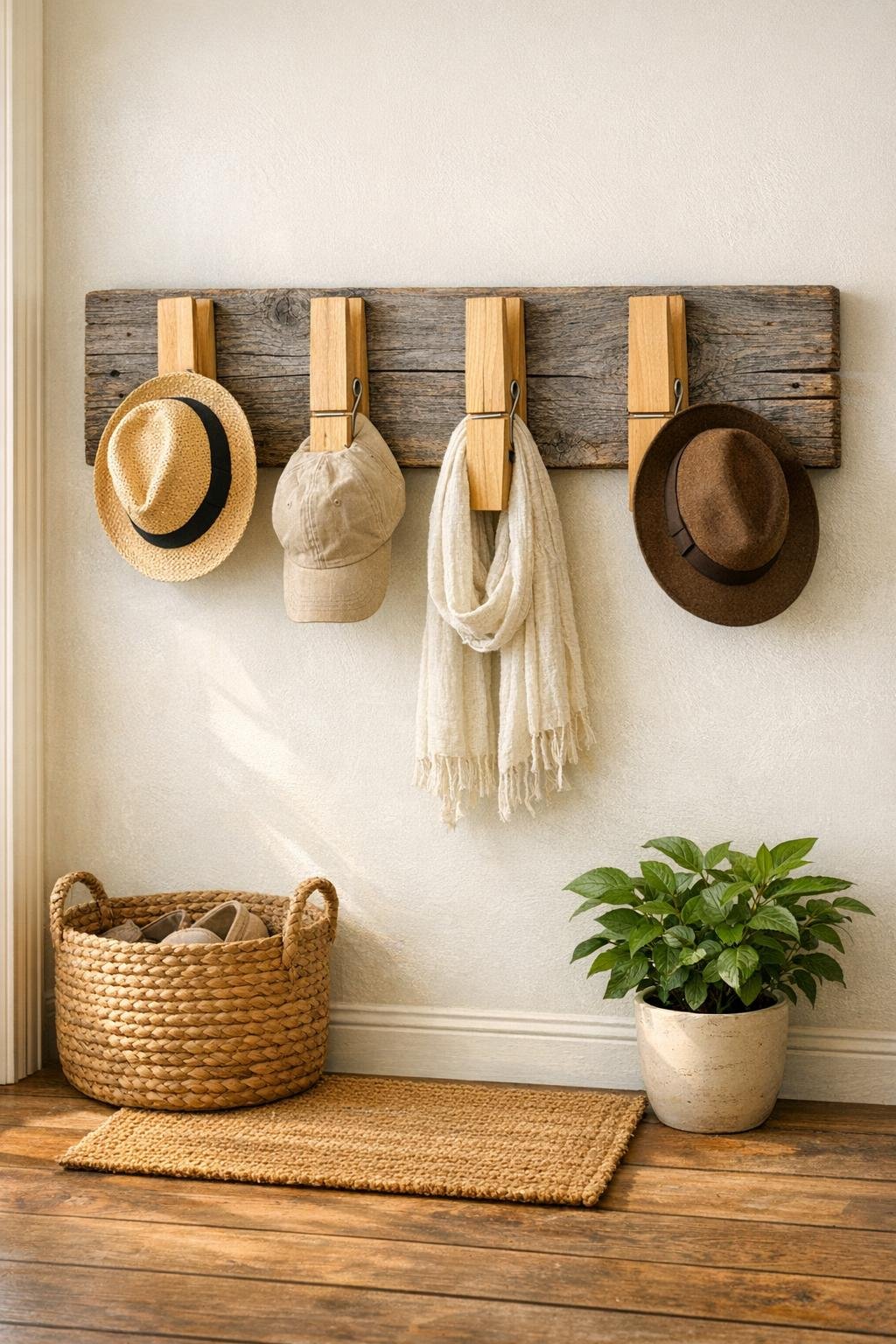 Finished barn wood clothespin entryway hat hook mounted on a wall