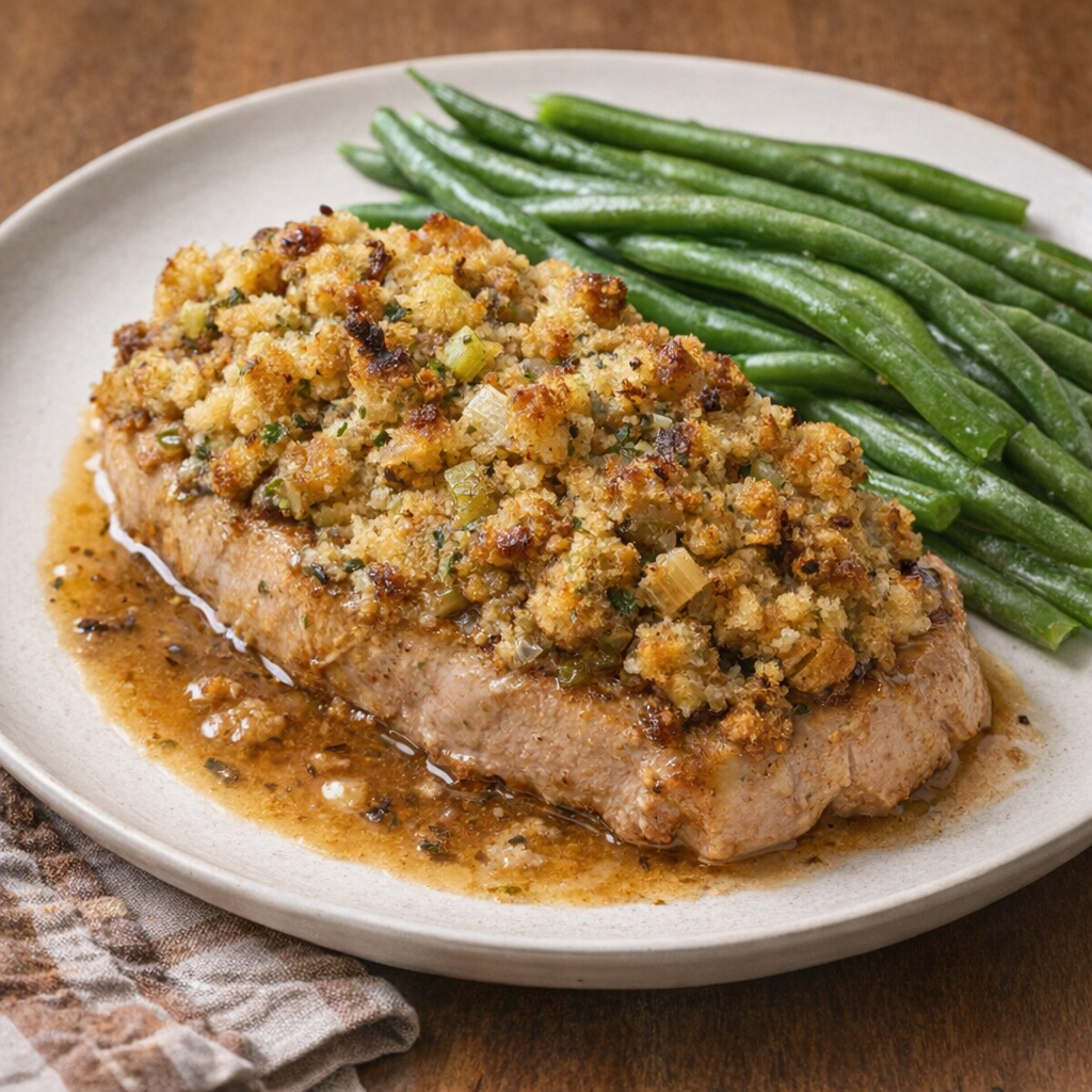 Plated pork chop with stuffing and green beans