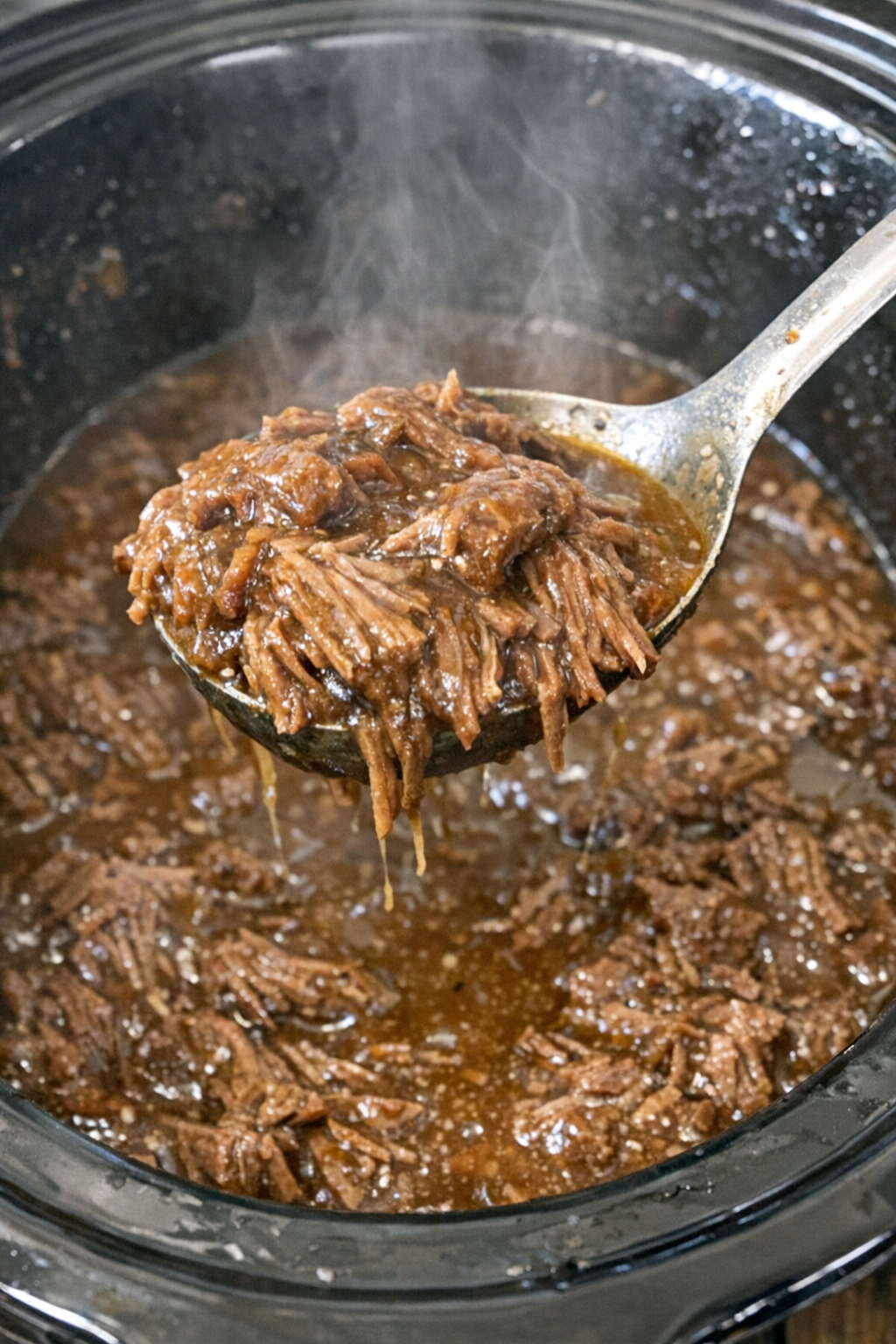 Tender beef in glossy brown gravy in a slow cooker