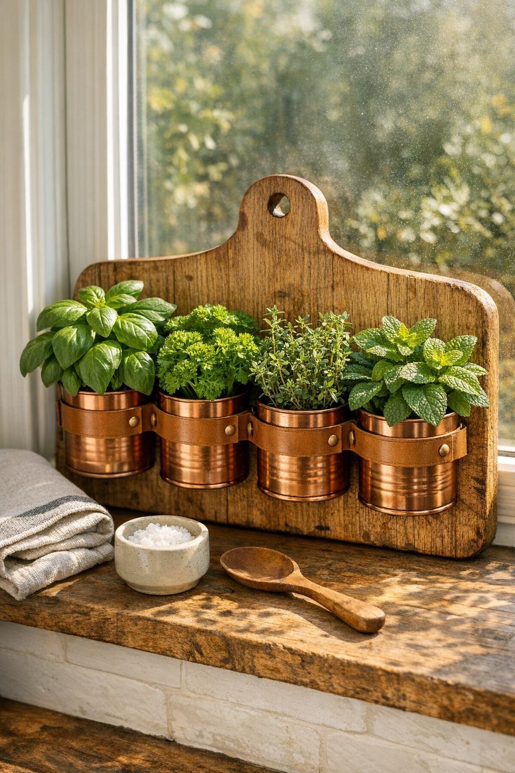 Finished bread board herb planter styled on a sunny windowsill