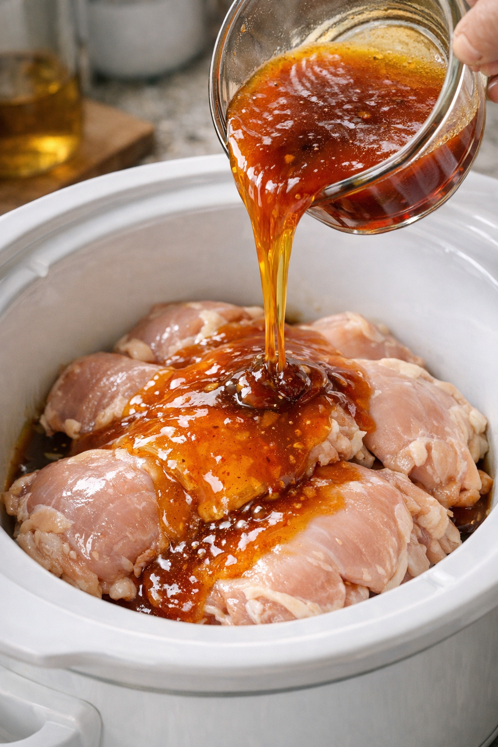 Sauce poured over chicken in slow cooker
