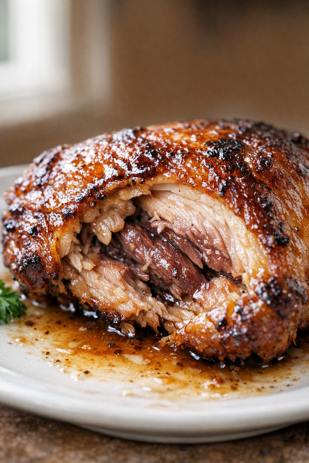 Cut roasted chicken thigh showing juicy interior meat
