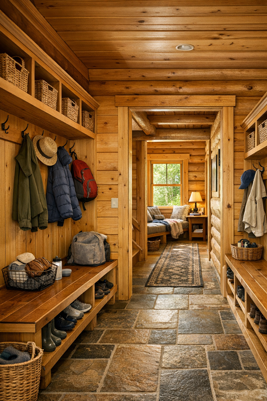 Well-crafted mudroom and hallway with built-ins, bench seating, and warm wood finishes