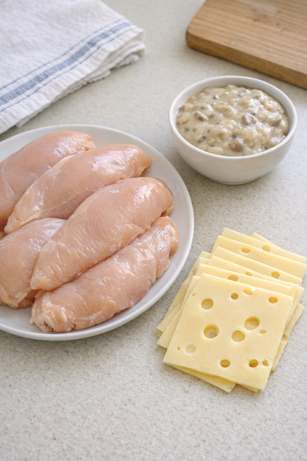 Chicken breasts, cream of mushroom soup, and Swiss cheese on a kitchen counter