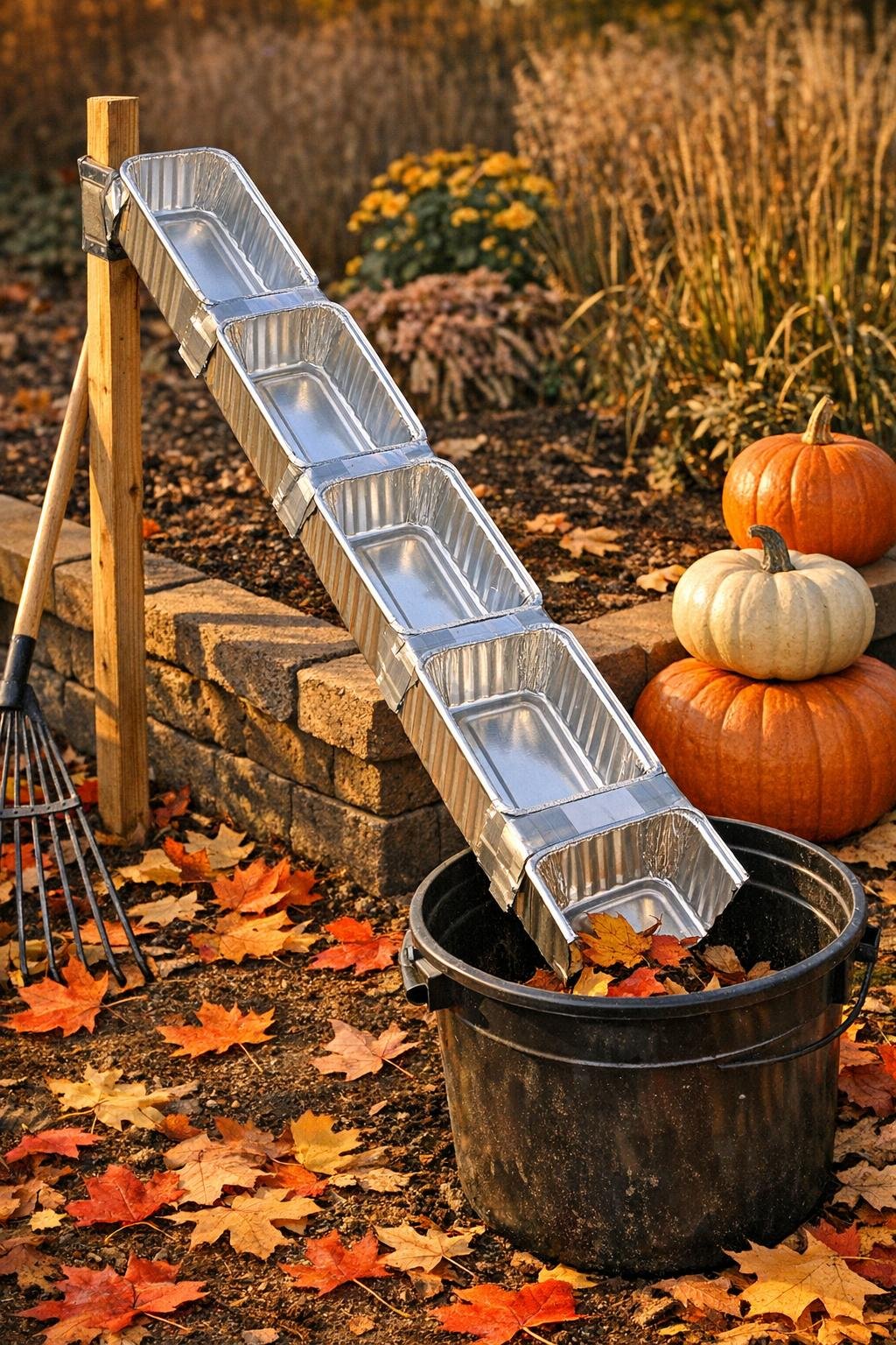 Finished fall garden debris collection system made from aluminum loaf pans in use beside a garden bed