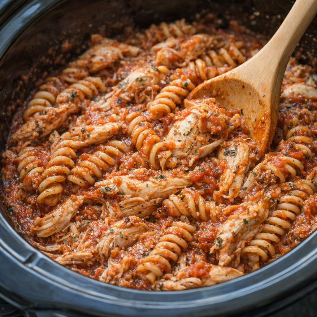 Finished chicken rotini being stirred together in the slow cooker