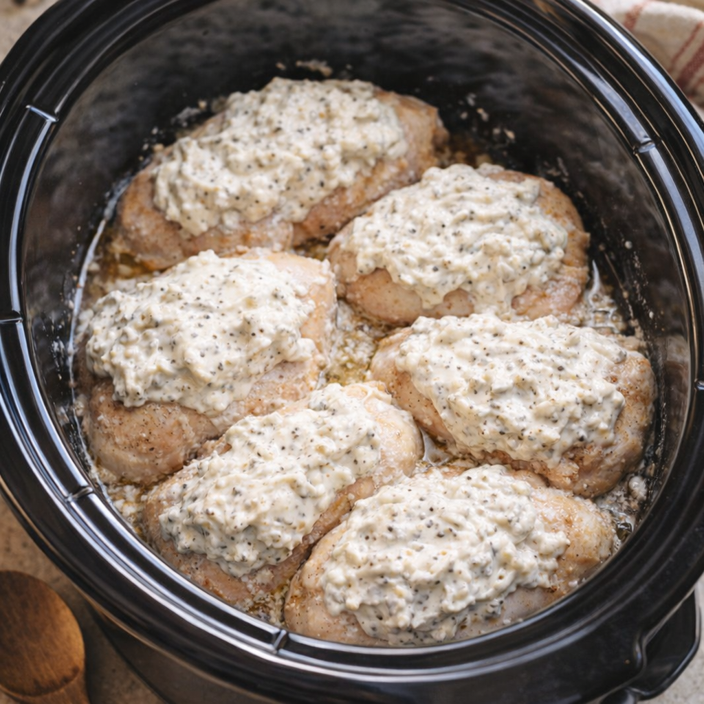 Slow cooker chicken with creamy sauce in a crock pot