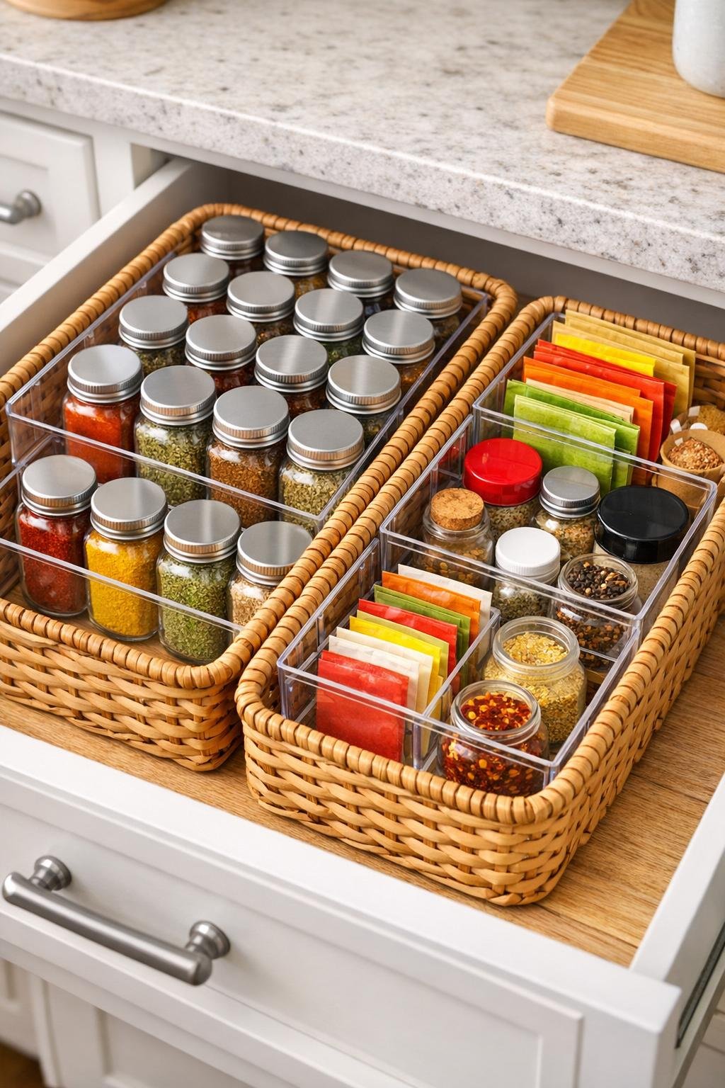Finished spice drawer organizer with acrylic bins inside wicker baskets