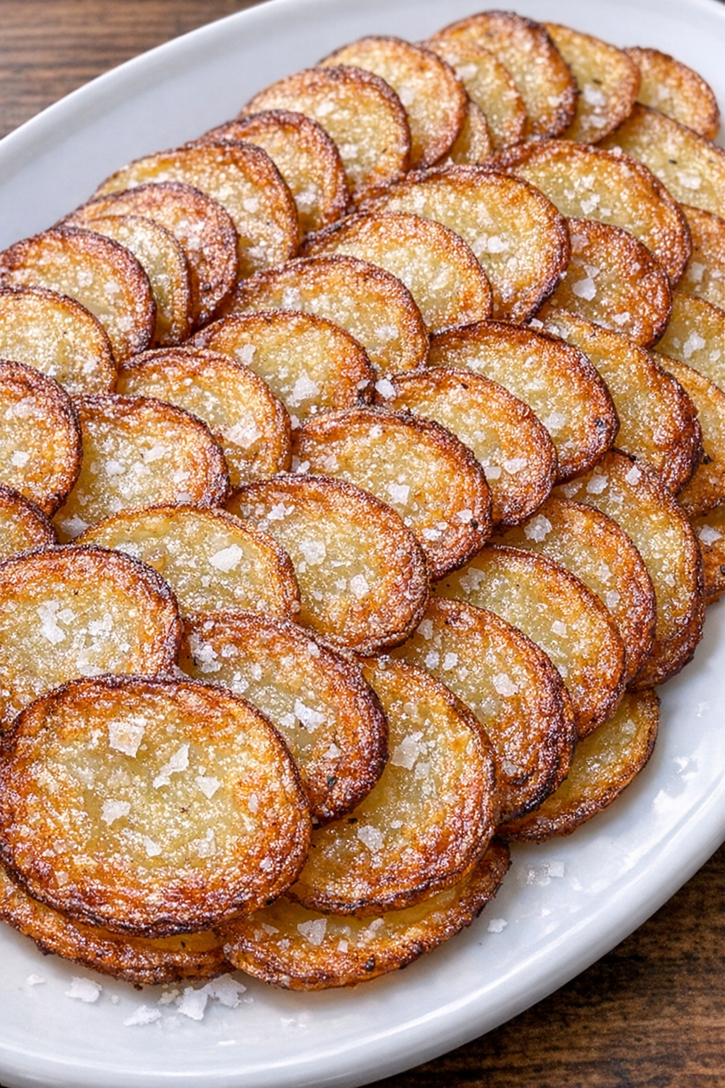 Golden crispy potato shingle bites on an oval platter