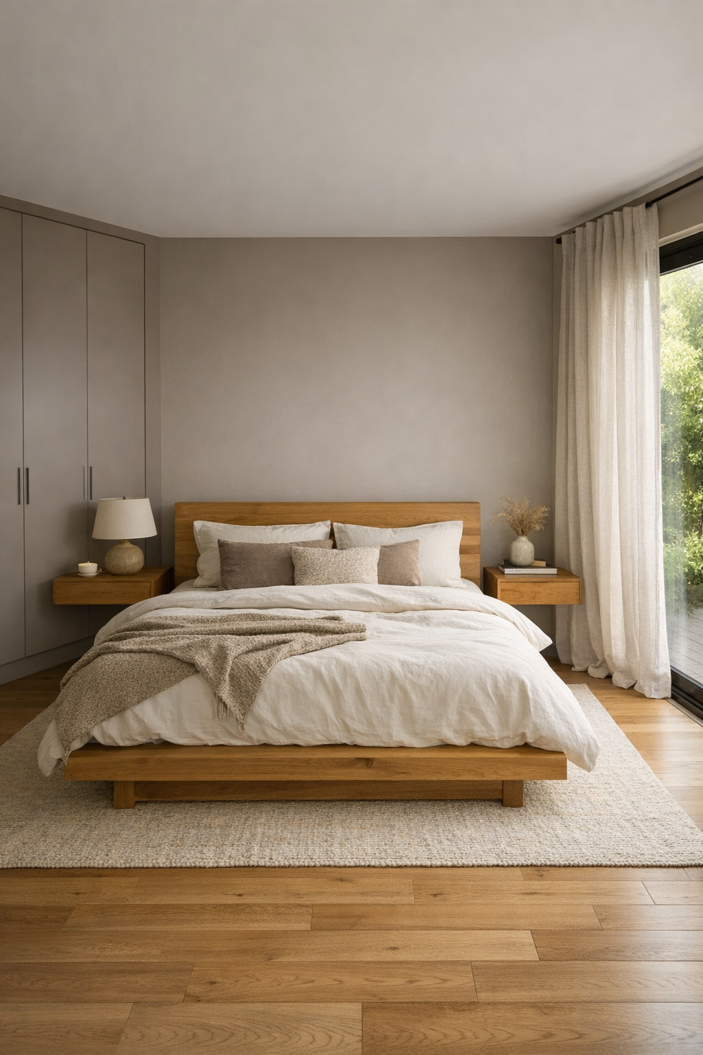 Calm bedroom with natural wood bed and soft neutral layers