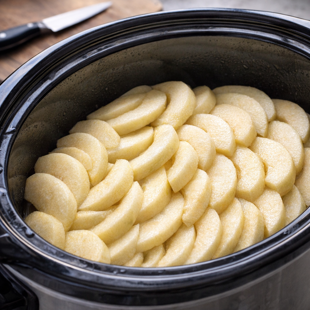 Sliced apples layered in a slow cooker