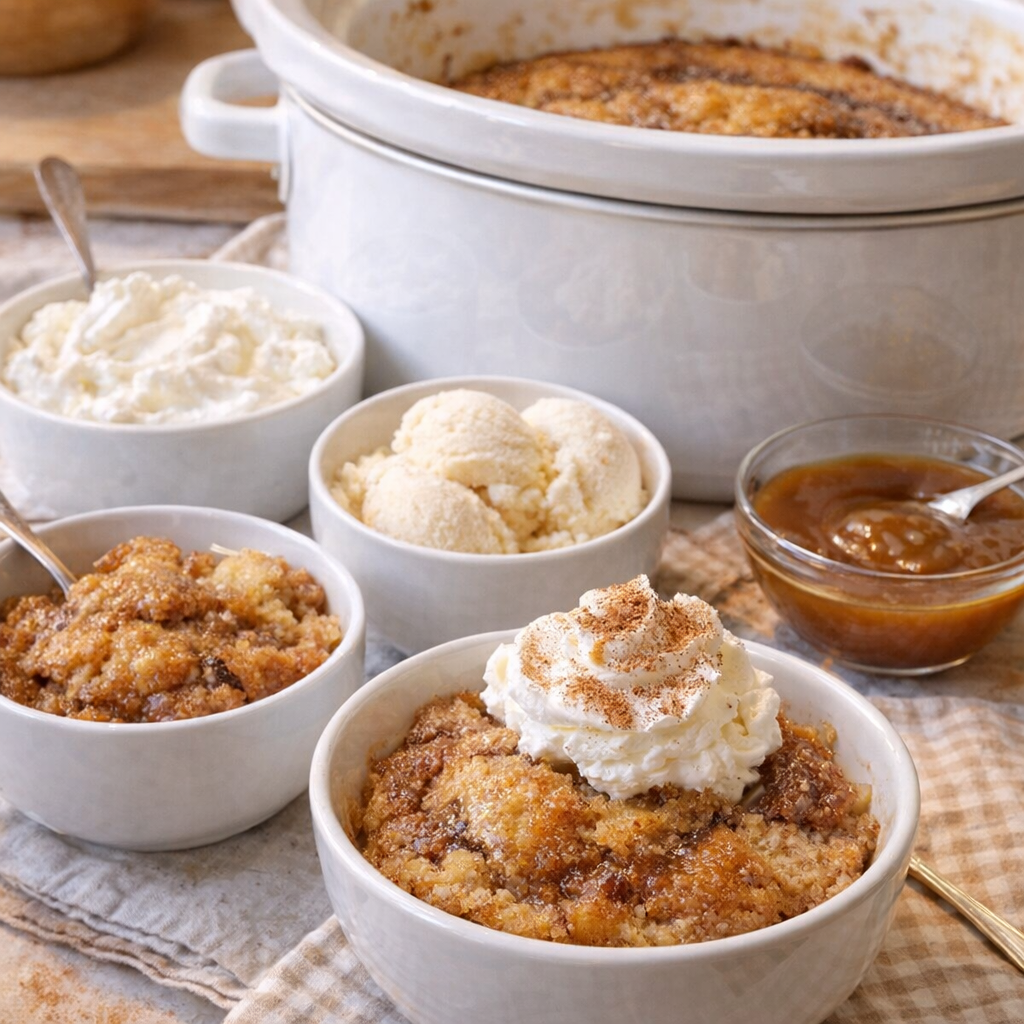 Family-style serving of chai latte cake with toppings