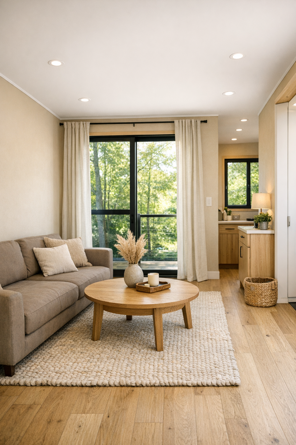 Accessible tiny home living room with putty walls, oak floors, and soft neutral furniture