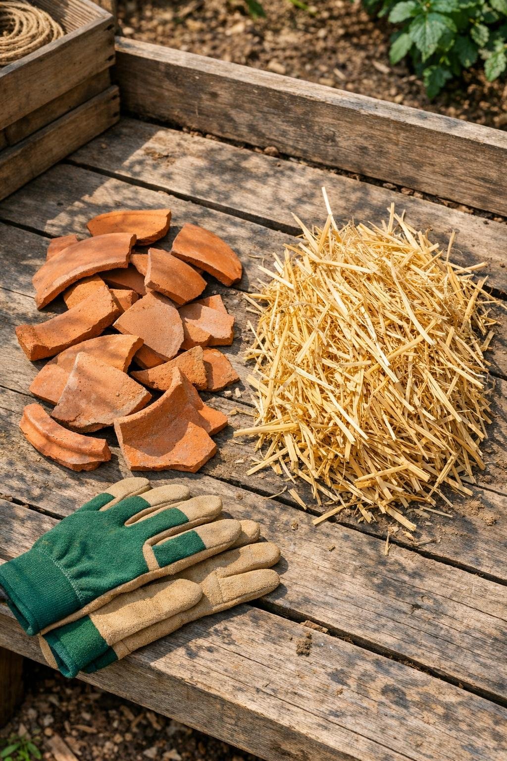 Broken terracotta pot pieces and straw laid out for the project