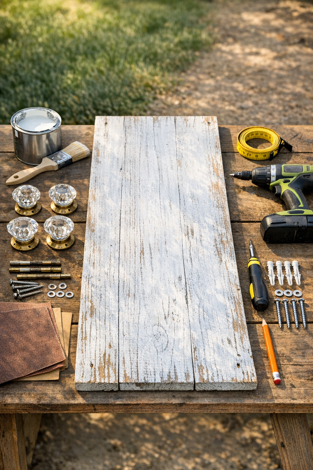 Materials for a painted cedar towel hook board with glass doorknobs