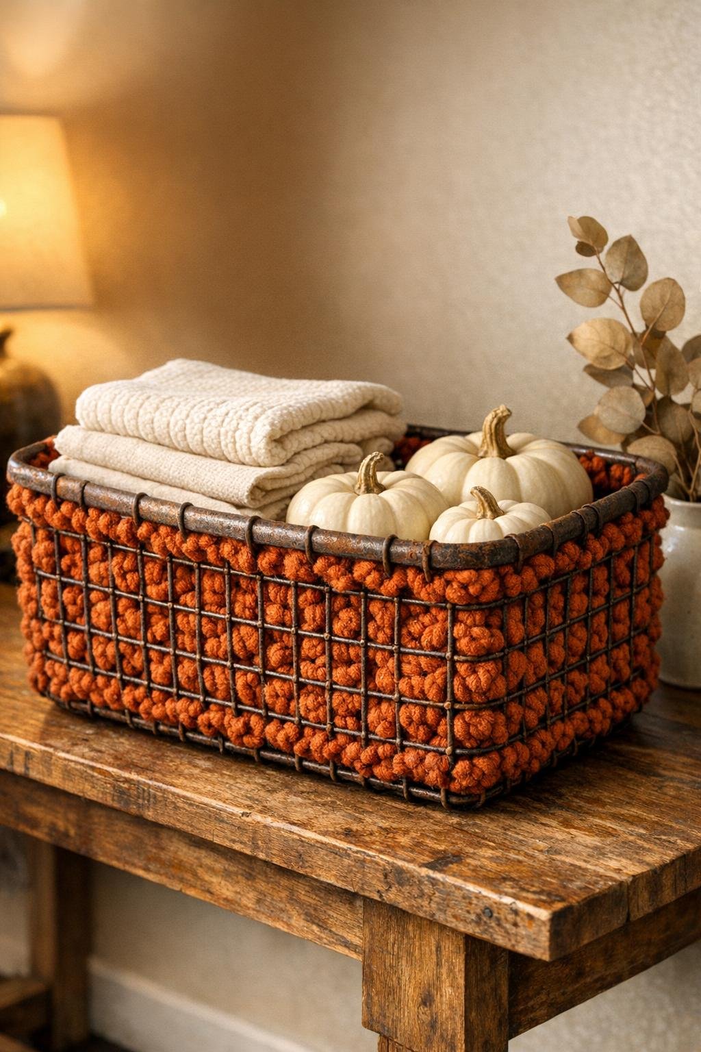 Finished decorative basket made from a vintage wire bicycle basket and burnt orange crochet