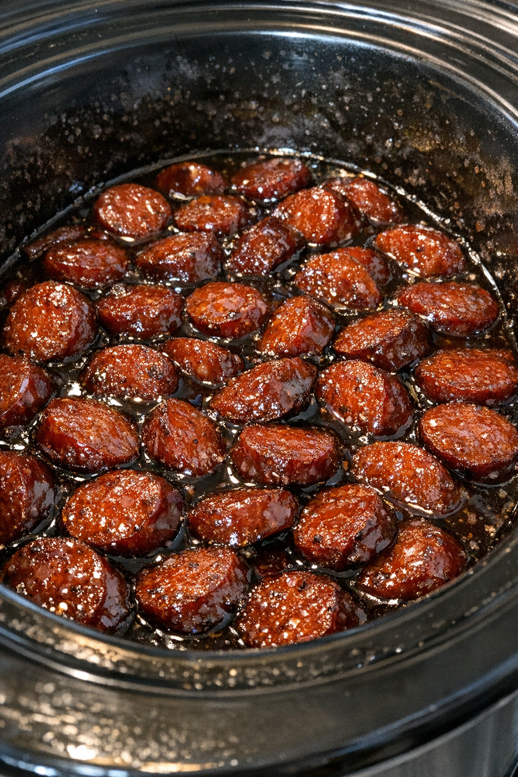 Slow cooker sausage bites in glossy dark sauce