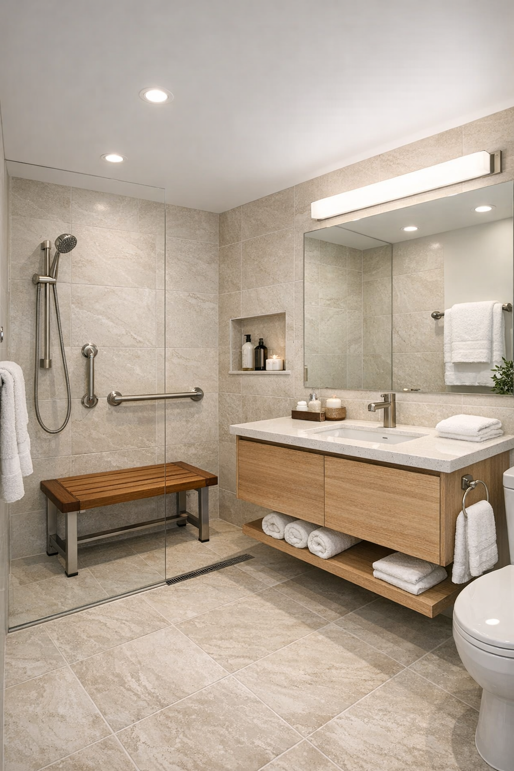 Modern accessible bathroom with curbless shower, pale stone tile, and floating vanity