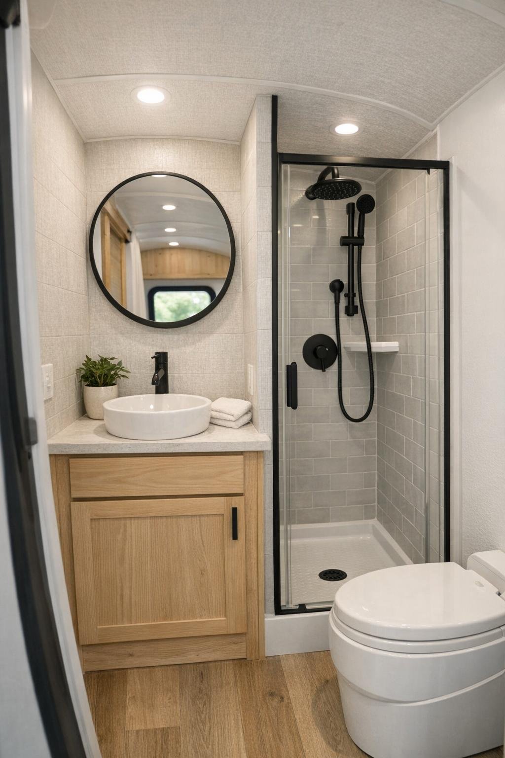 Compact bus bathroom with light wood vanity and clean neutral finishes