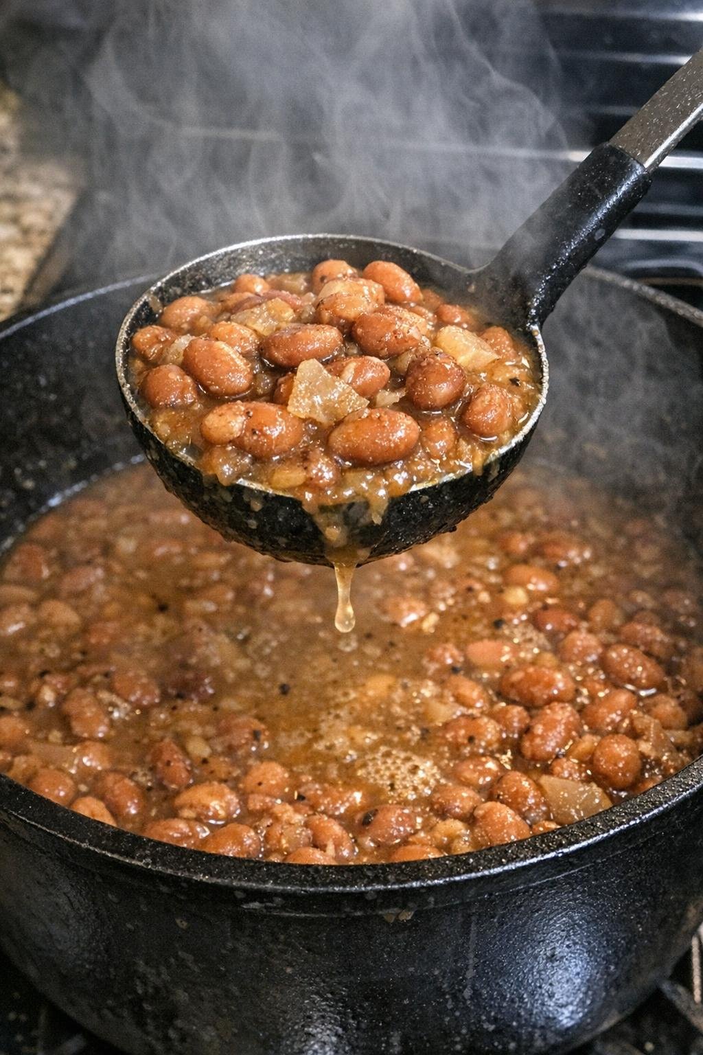Savory pinto beans in a black pot with a ladle lifting beans