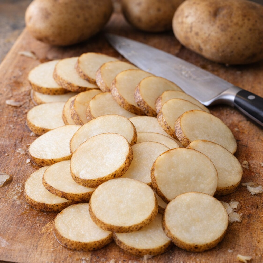Thinly sliced unpeeled russet potatoes on a cutting board