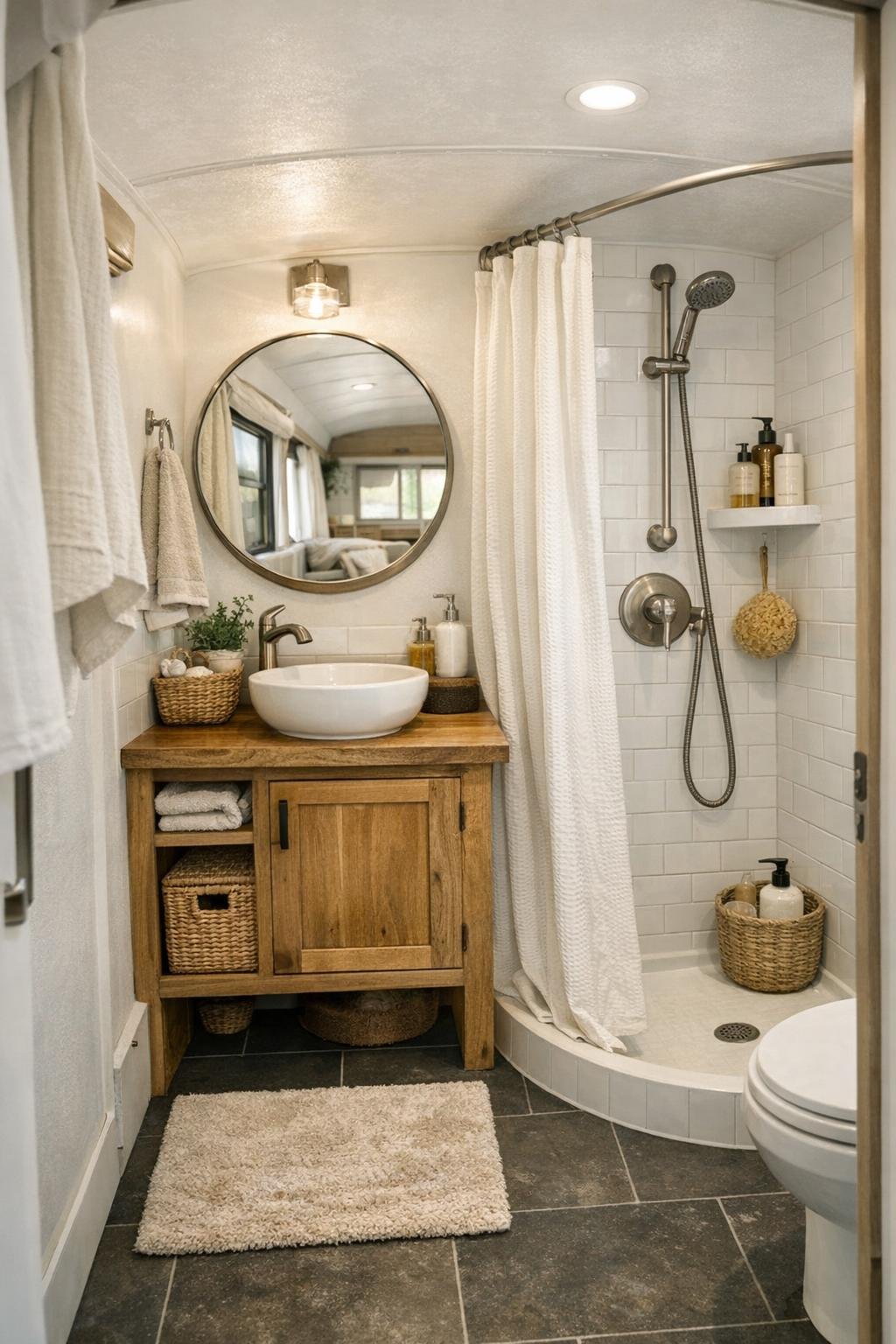 Bright compact converted bus bathroom with wood vanity, round mirror, and white tile shower